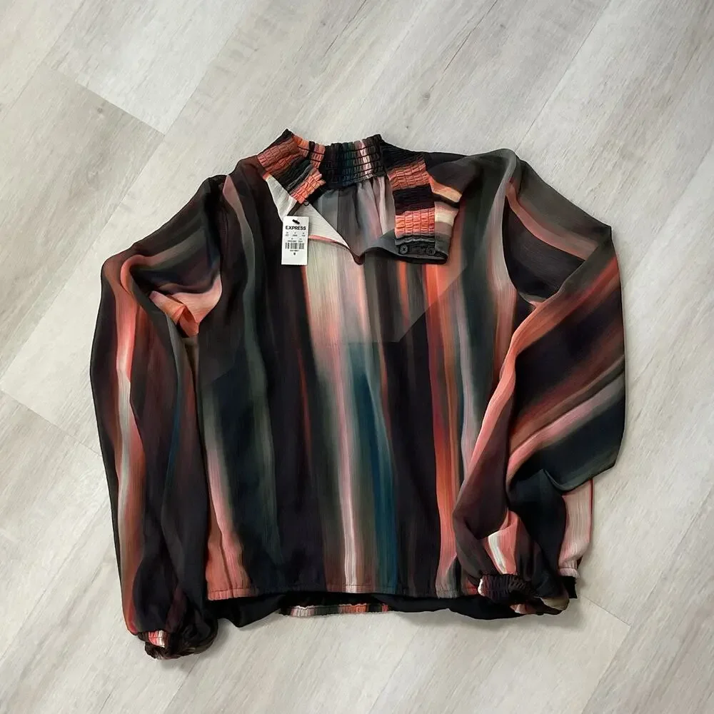 Express Multi Colored Striped sheer Blouse Built in cami Womens M NWT